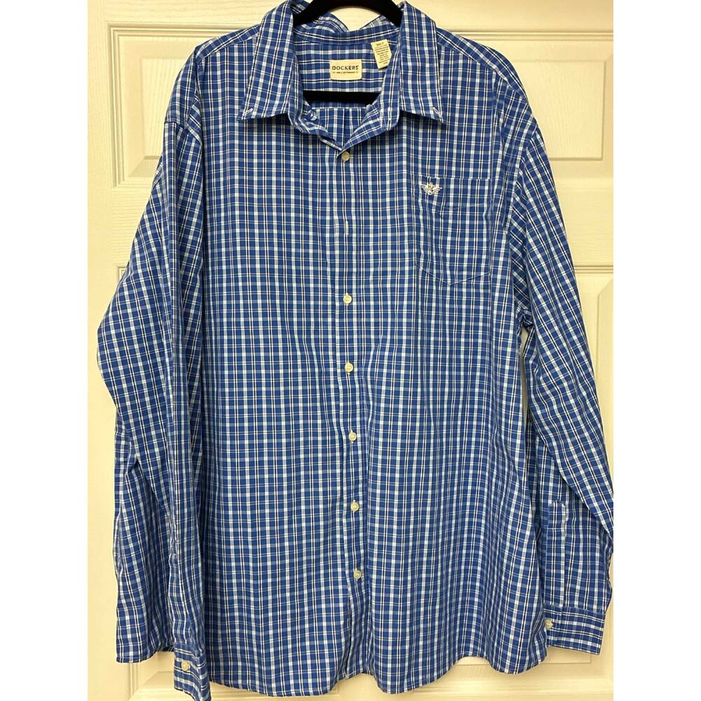 Dockers Men's Plaid Button Down Shirt 3XLT Big & Tall Blue Long Sleeve